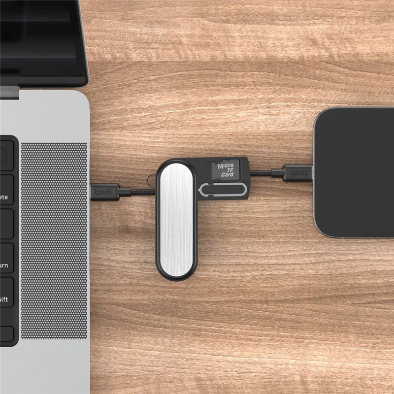 BUDI CP586TTB Kit Cavo Dati USB-C a USB-C Multifunzione, Set Cavo Ricarica Portatile da Viaggio con Slot per Schede SIM/TF, Spillo di Espulsione