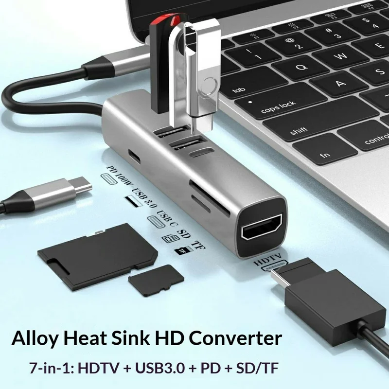7 in 1 Type C to HDTV Portable Dock USB 3.0 Hub 100W PD Fast Charging 4K Display SD / TF Card Reader