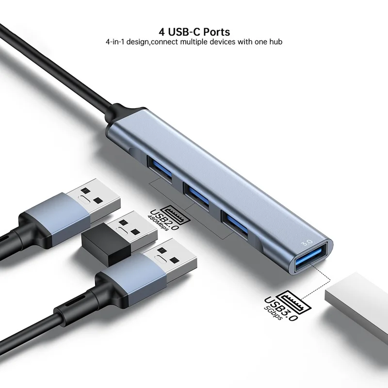 XUNDD XDDC-069 Hub de prolongation en alliage d'aluminium 4 en 1, concentrateur USB, adaptateur multiports pour transfert de données - Type-C