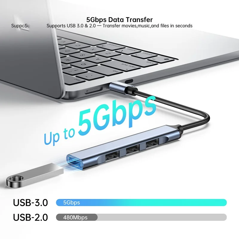 XUNDD XDDC-069 Hub de prolongation en alliage d'aluminium 4 en 1, concentrateur USB, adaptateur multiports pour transfert de données - Type-C