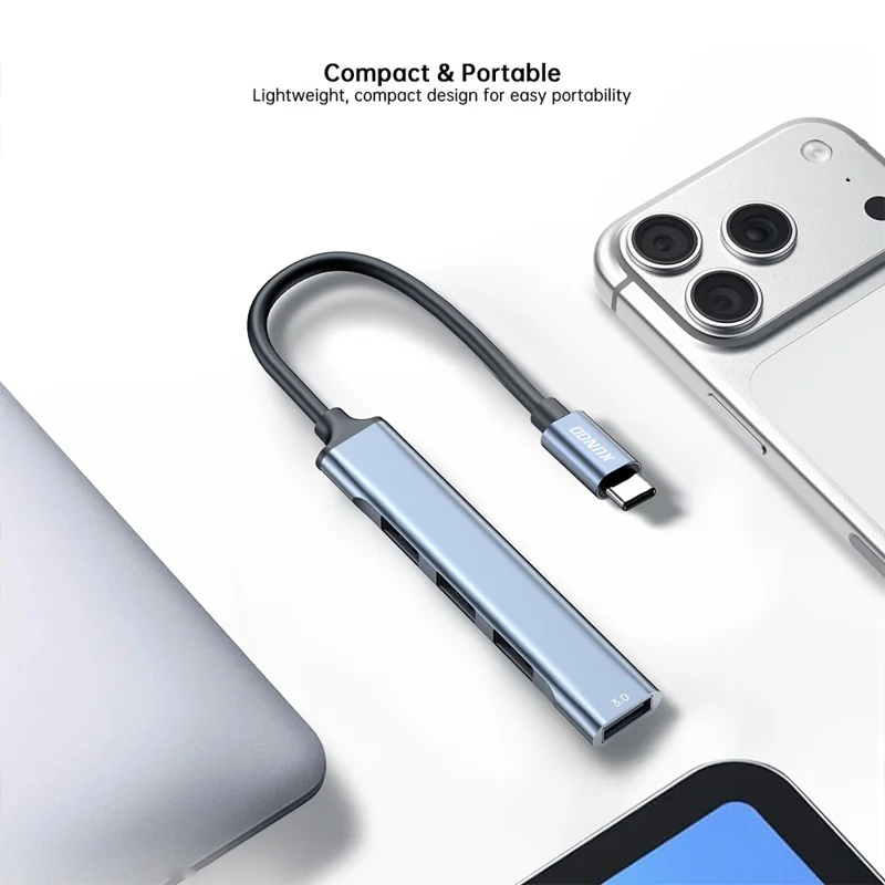 XUNDD XDDC-069 Hub de prolongation en alliage d'aluminium 4 en 1, concentrateur USB, adaptateur multiports pour transfert de données - Type-C
