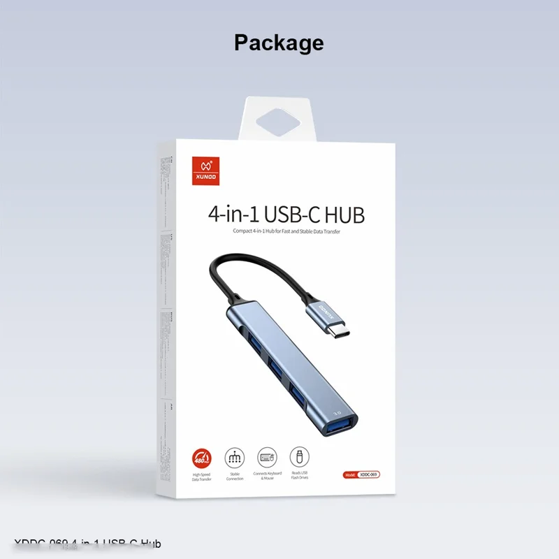 XUNDD XDDC-069 Hub de prolongation en alliage d'aluminium 4 en 1, concentrateur USB, adaptateur multiports pour transfert de données - Type-C