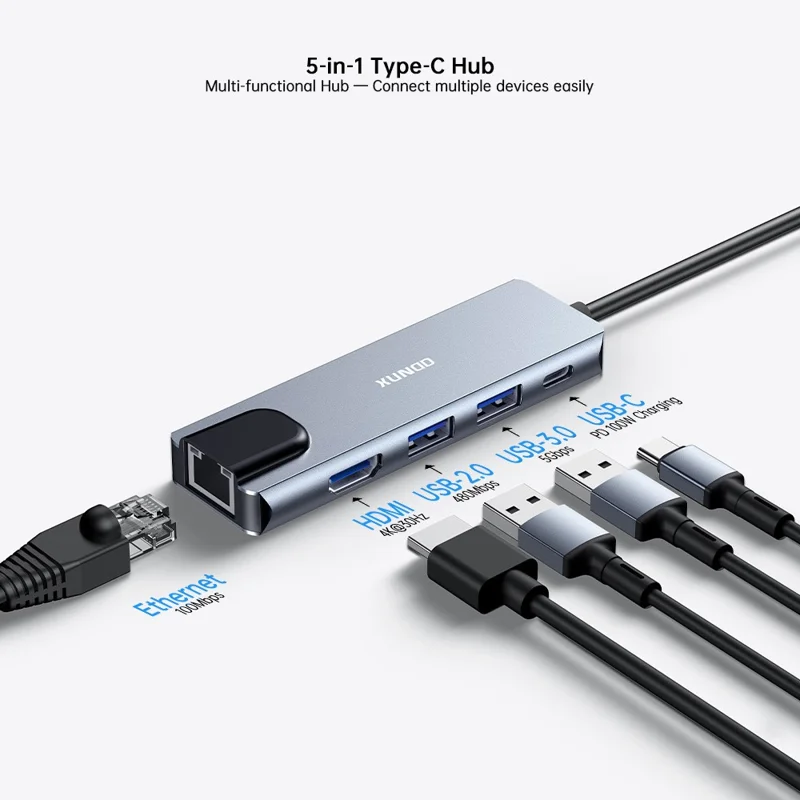 XUNDD XDDC-070 Adattatore Multi-porta 5 in 1 Hub USB-C con Porte 4K HD / Ethernet / Ricarica PD - Grigio