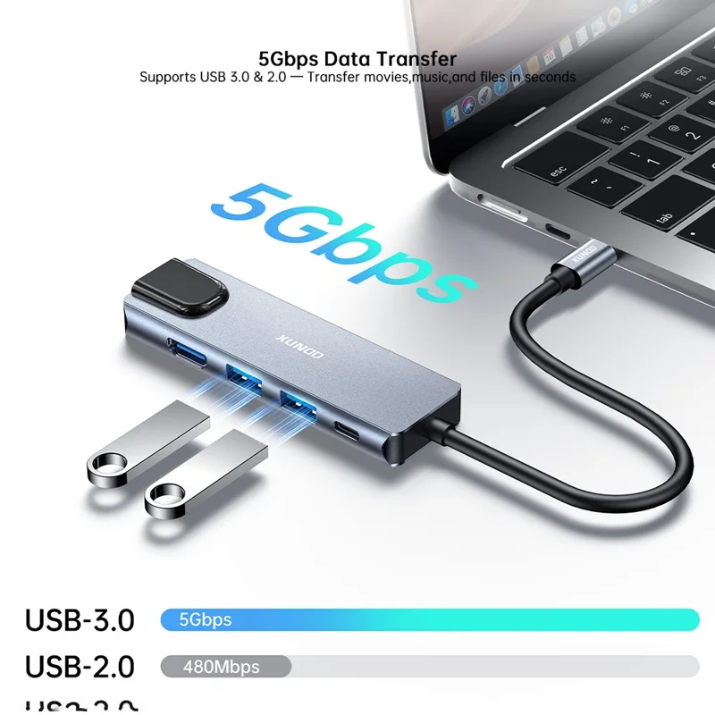 XUNDD XDDC-070 Adattatore Multi-porta 5 in 1 Hub USB-C con Porte 4K HD / Ethernet / Ricarica PD - Grigio