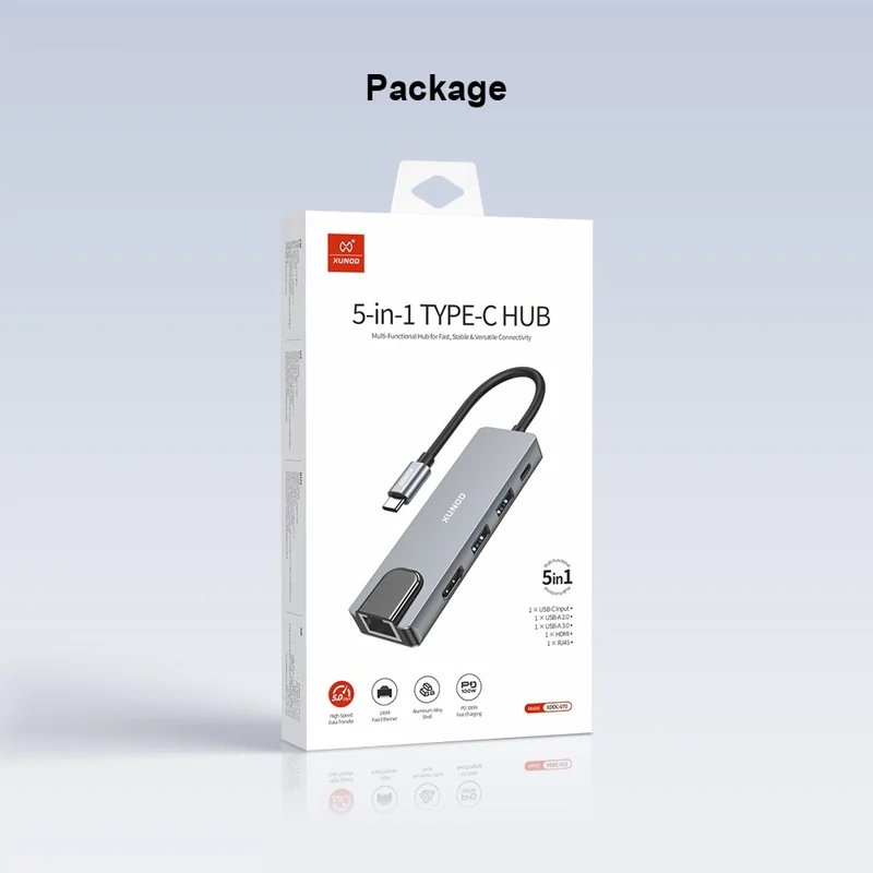 XUNDD XDDC-070 Adattatore Multi-porta 5 in 1 Hub USB-C con Porte 4K HD / Ethernet / Ricarica PD - Grigio