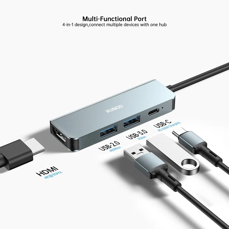 XUNDD XDDC-071 Hub USB-C 4 in 1, Stazione di Doccia Type-C a PD / USB 3.0 / USB 2.0 / HD, Adattatore Multi-Porta