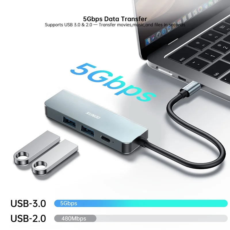 XUNDD XDDC-071 Hub USB-C 4 in 1, Stazione di Doccia Type-C a PD / USB 3.0 / USB 2.0 / HD, Adattatore Multi-Porta