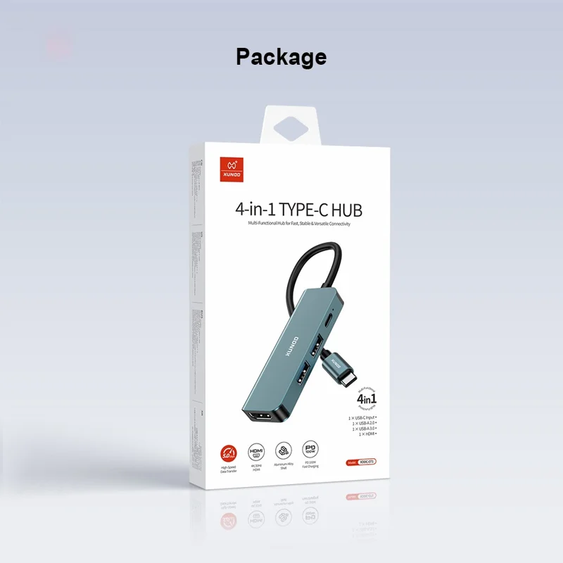 XUNDD XDDC-071 Hub USB-C 4 in 1, Stazione di Doccia Type-C a PD / USB 3.0 / USB 2.0 / HD, Adattatore Multi-Porta