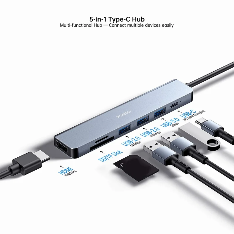 Dock di espansione XUNDD XDDC-072 Hub Type-C 7 in 1 USB-C a PD / USB 3.0 / USB 2.0 / HD / Lettore schede SD / TF - Grigio