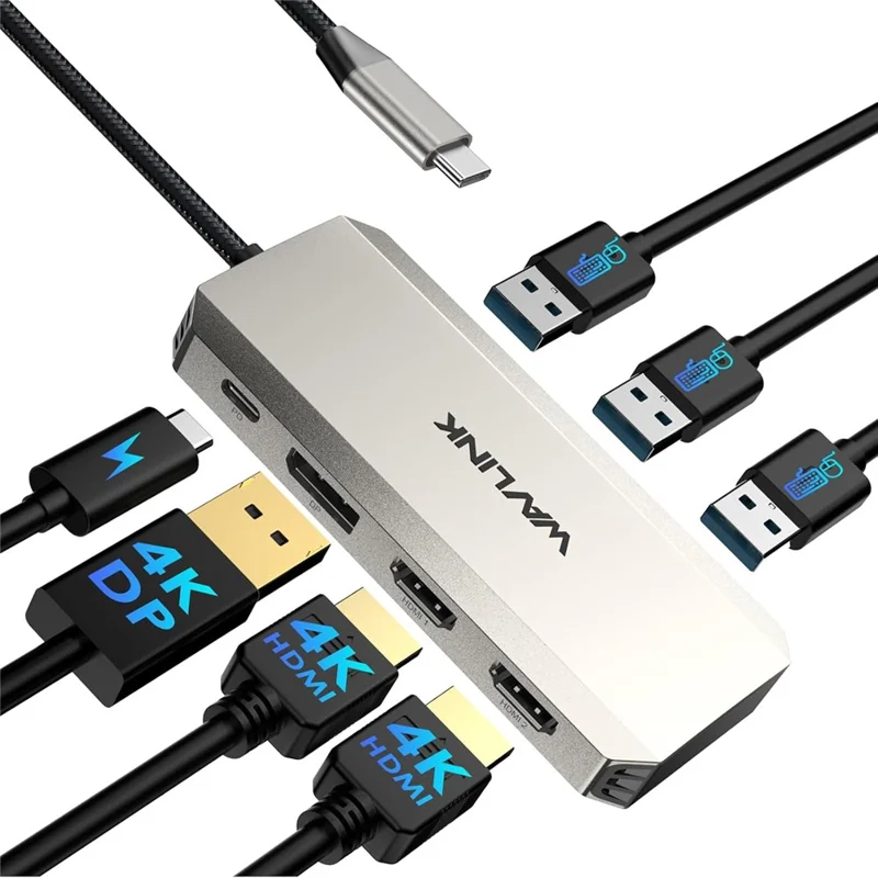 WAVLINK WL-UMD308L Triple 4K Docking Station USB-C Hub Adapter med HD / DP / 100W PD-porte til bærbare computere - Sølv