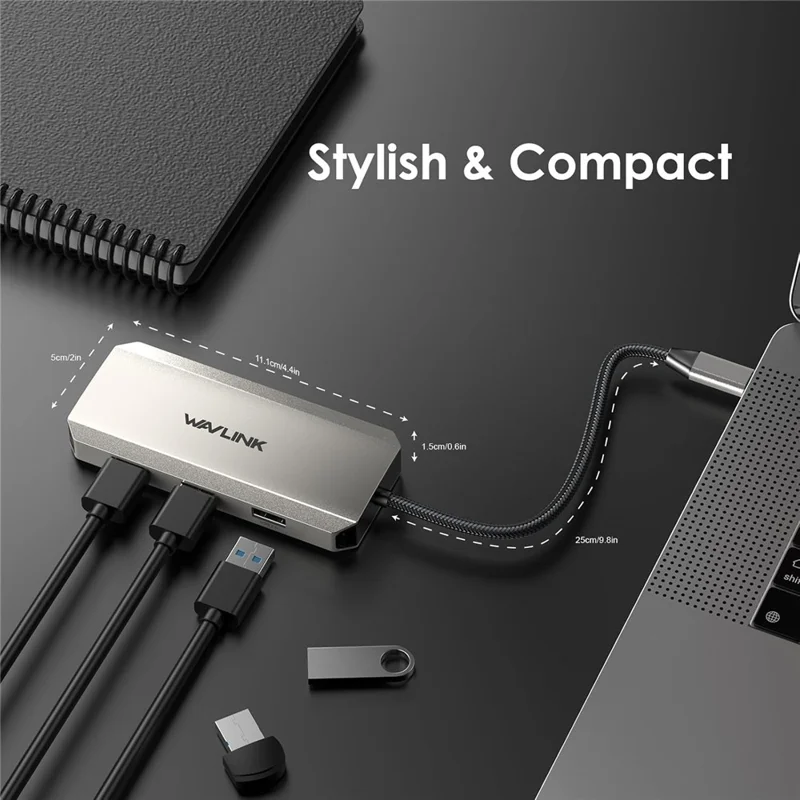 WAVLINK WL-UMD308L Triple 4K Docking Station USB-C Hub Adapter med HD / DP / 100W PD-porte til bærbare computere - Sølv