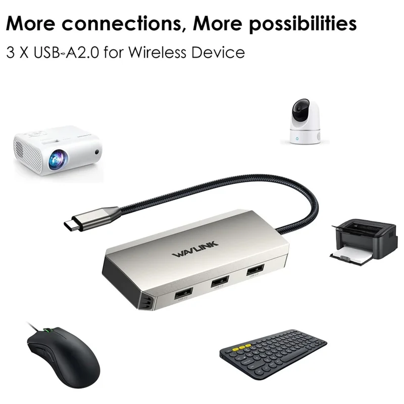 WAVLINK WL-UMD308L Triple 4K Docking Station USB-C Hub Adapter med HD / DP / 100W PD-porte til bærbare computere - Sølv