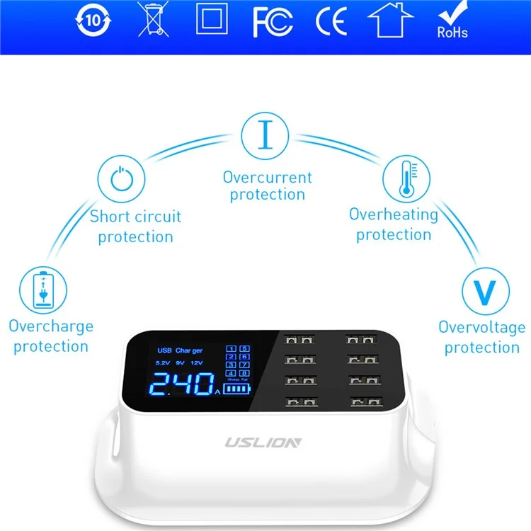 USLION US0112 Creative LED Display 8 Ports USB Charger LED Display Quick Charge Fast Charging Adapter