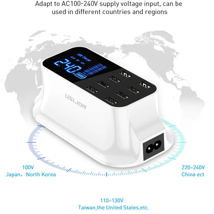 USLION US0112 Créatif LED Affichage 8 Ports Chargeur USB Affichage de la LED Rapide Adaptateur de Charge Rapide