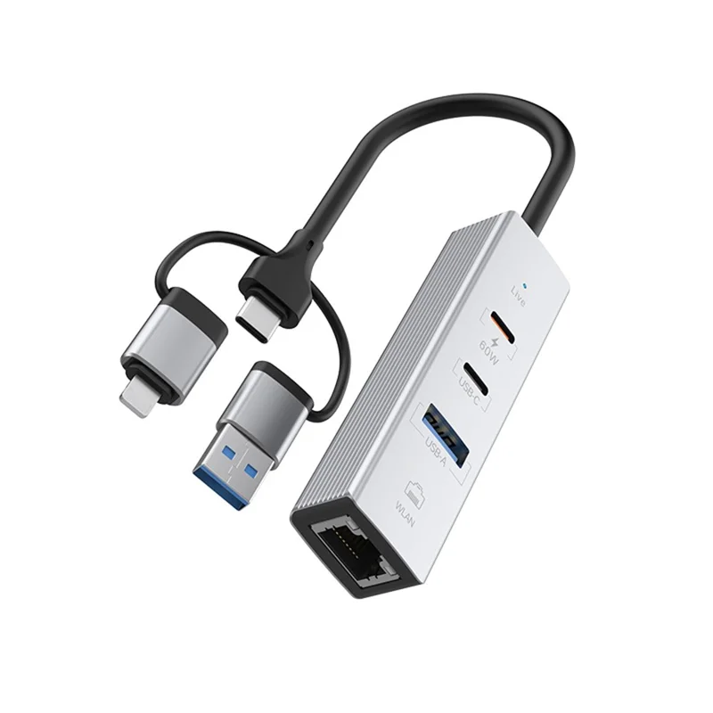 PD 60W 4-in-1-Hub-Adapter iP / USB / Typ-C-Konverter mit Gigabit-Ethernet / Digital-Audio / Datenübertragung für Laptops / PCs / Tablets / Telefone – Silber