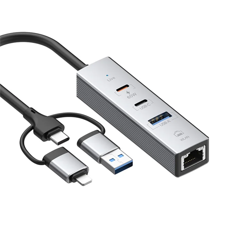 PD 60W 4-in-1-Hub-Adapter iP / USB / Typ-C-Konverter mit Gigabit-Ethernet / Digital-Audio / Datenübertragung für Laptops / PCs / Tablets / Telefone – Silber