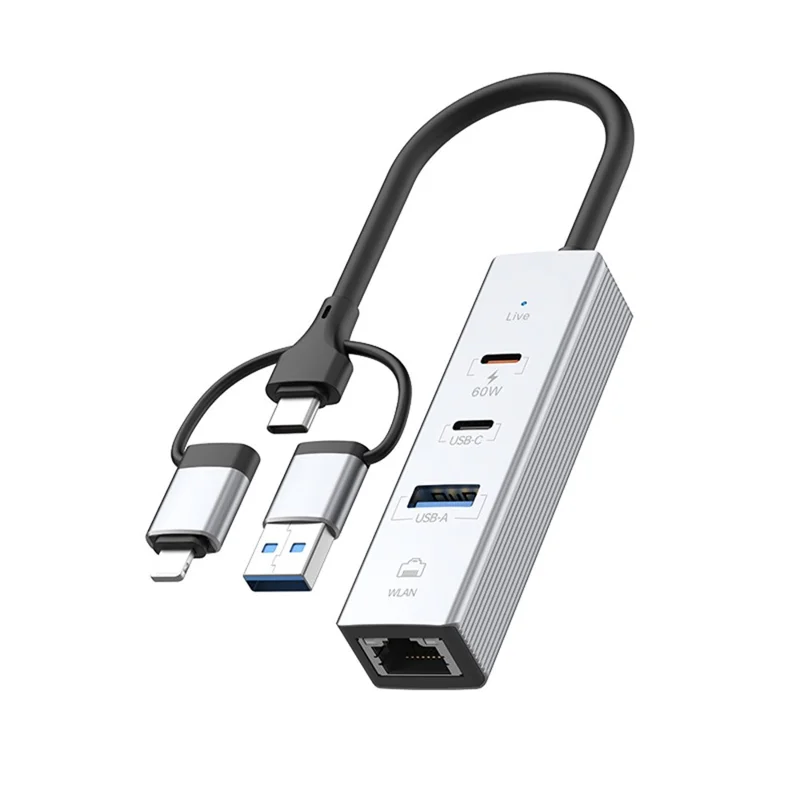 PD 60W 4-in-1-Hub-Adapter iP / USB / Typ-C-Konverter mit Gigabit-Ethernet / Digital-Audio / Datenübertragung für Laptops / PCs / Tablets / Telefone – Silber