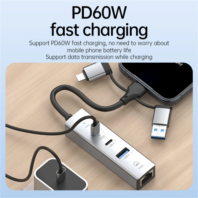 PD 60W 4-in-1-Hub-Adapter iP / USB / Typ-C-Konverter mit Gigabit-Ethernet / Digital-Audio / Datenübertragung für Laptops / PCs / Tablets / Telefone – Silber