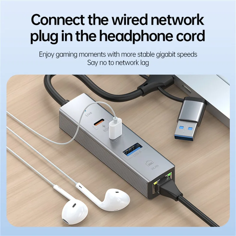 PD 60W 4-in-1-Hub-Adapter iP / USB / Typ-C-Konverter mit Gigabit-Ethernet / Digital-Audio / Datenübertragung für Laptops / PCs / Tablets / Telefone – Silber