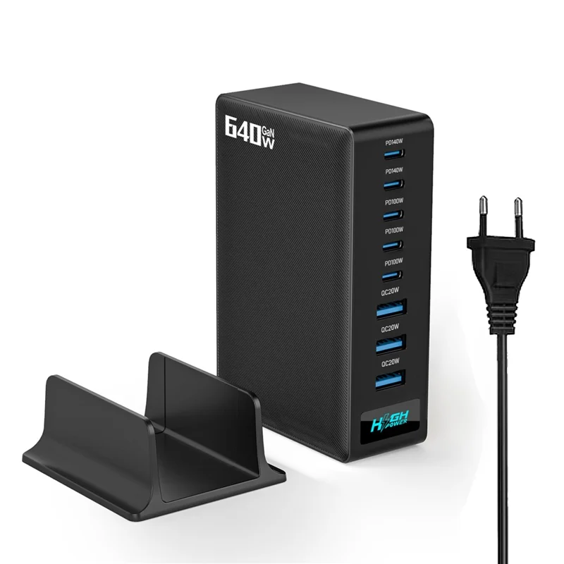 NCC-333 640W hurtigopladning GaN skrivebordsoplader USB-A + Type-C 8-porte strømforsyning med digital visning - EU stik