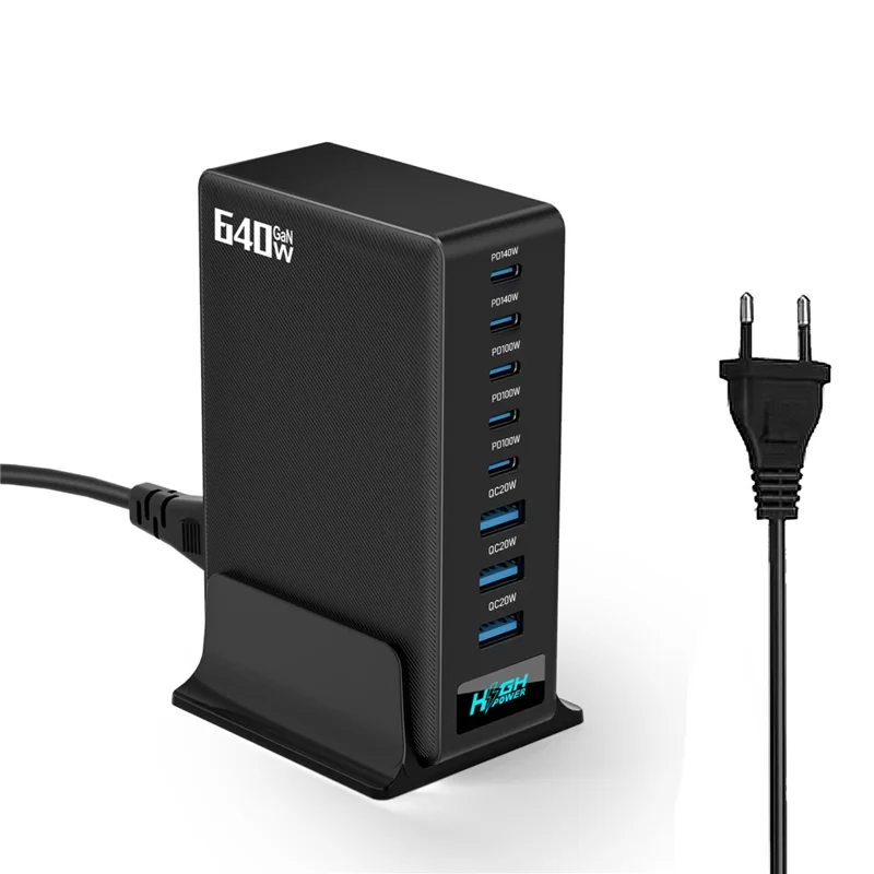 NCC-333 640W hurtigopladning GaN skrivebordsoplader USB-A + Type-C 8-porte strømforsyning med digital visning - EU stik