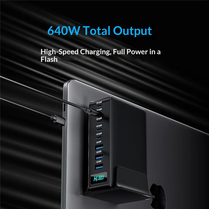 NCC-333 640W hurtigopladning GaN skrivebordsoplader USB-A + Type-C 8-porte strømforsyning med digital visning - EU stik