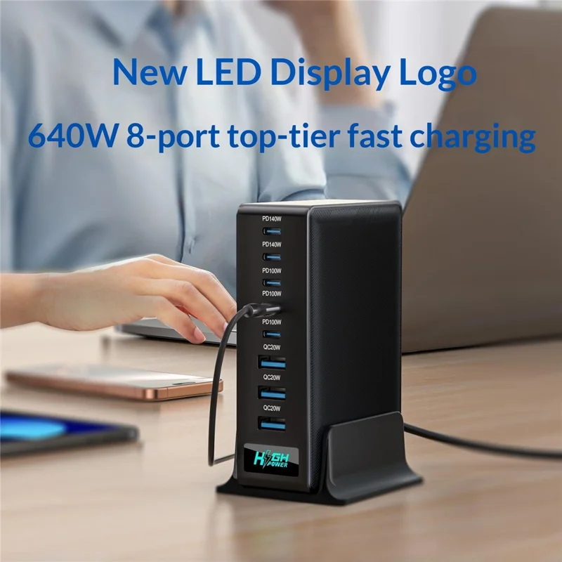 NCC-333 640W hurtigopladning GaN skrivebordsoplader USB-A + Type-C 8-porte strømforsyning med digital visning - EU stik