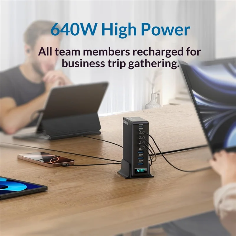 NCC-333 640W hurtigopladning GaN skrivebordsoplader USB-A + Type-C 8-porte strømforsyning med digital visning - EU stik