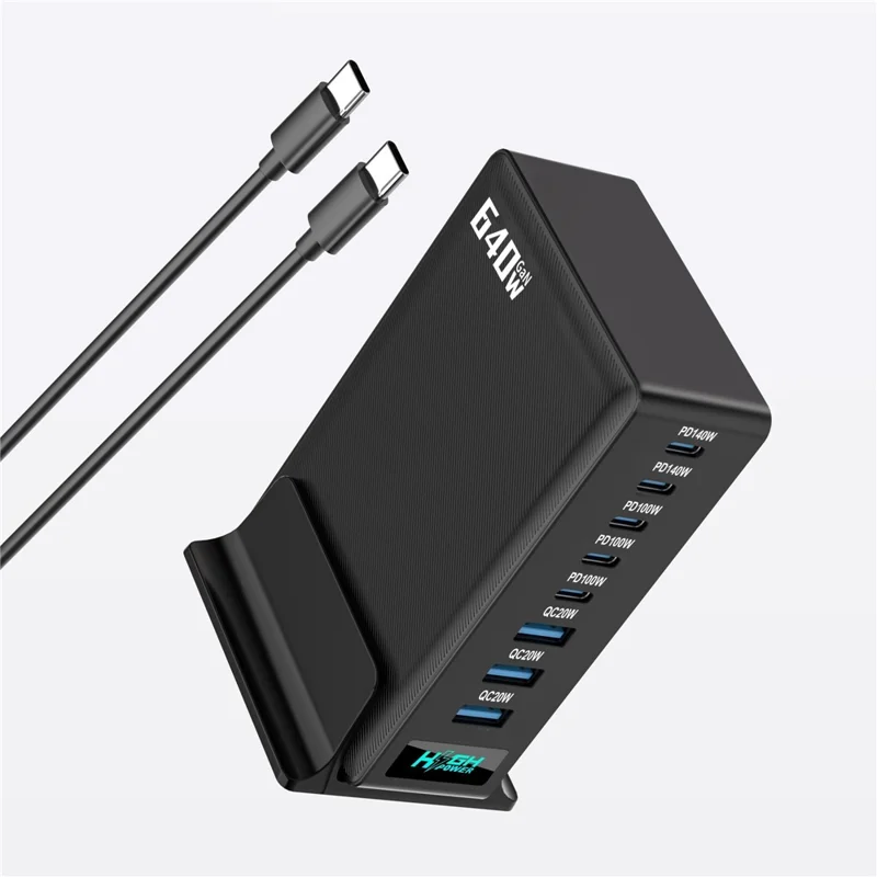 NCC-333 640W hurtigopladning GaN skrivebordsoplader USB-A + Type-C 8-porte strømforsyning med digital visning - EU stik