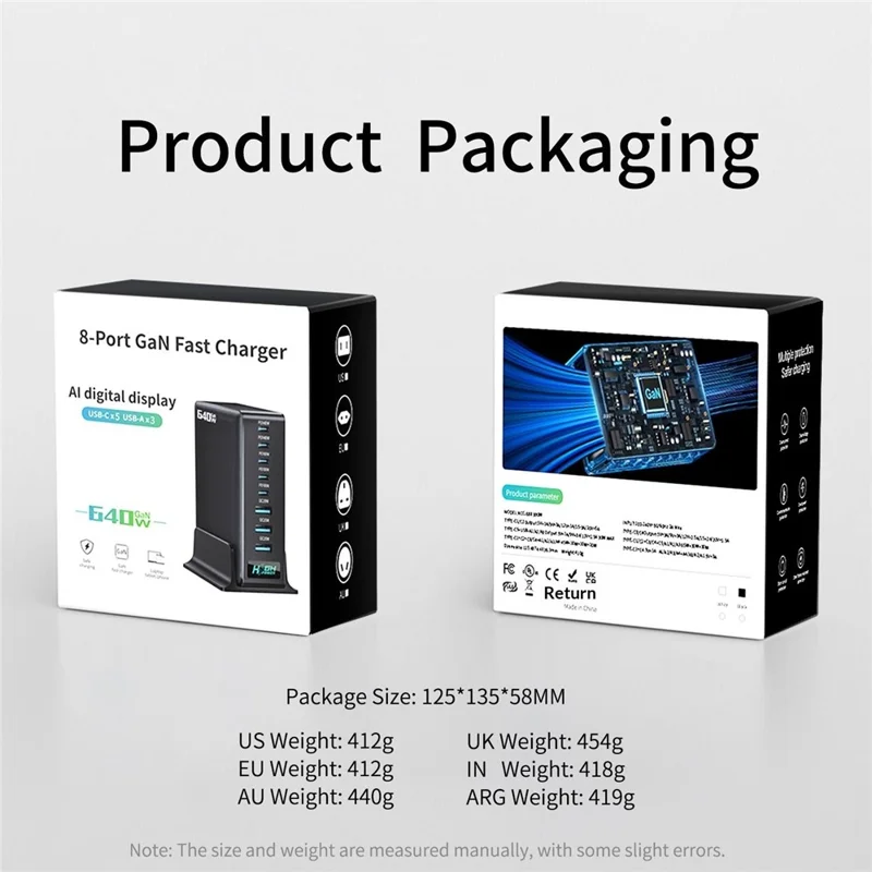 NCC-333 640W hurtigopladning GaN skrivebordsoplader USB-A + Type-C 8-porte strømforsyning med digital visning - EU stik