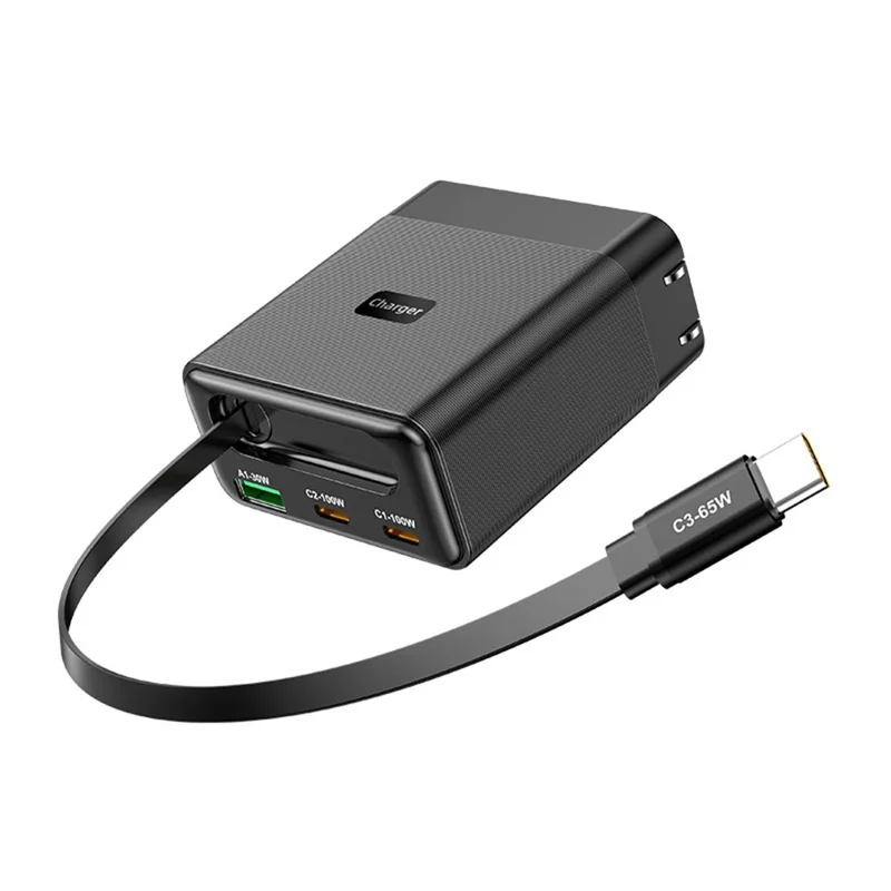 WLX-60B GaN Charger With Retractable Cable 65W PD Fast Charging Station for Tablets  /  Phones Desktop Use - US Plug