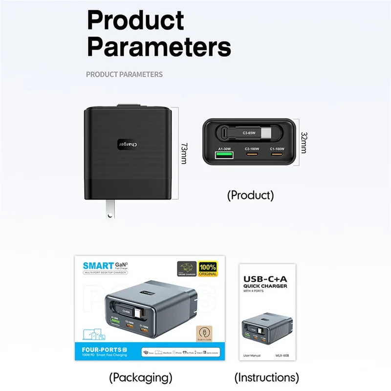 WLX-60B GaN Charger With Retractable Cable 65W PD Fast Charging Station for Tablets  /  Phones Desktop Use - US Plug