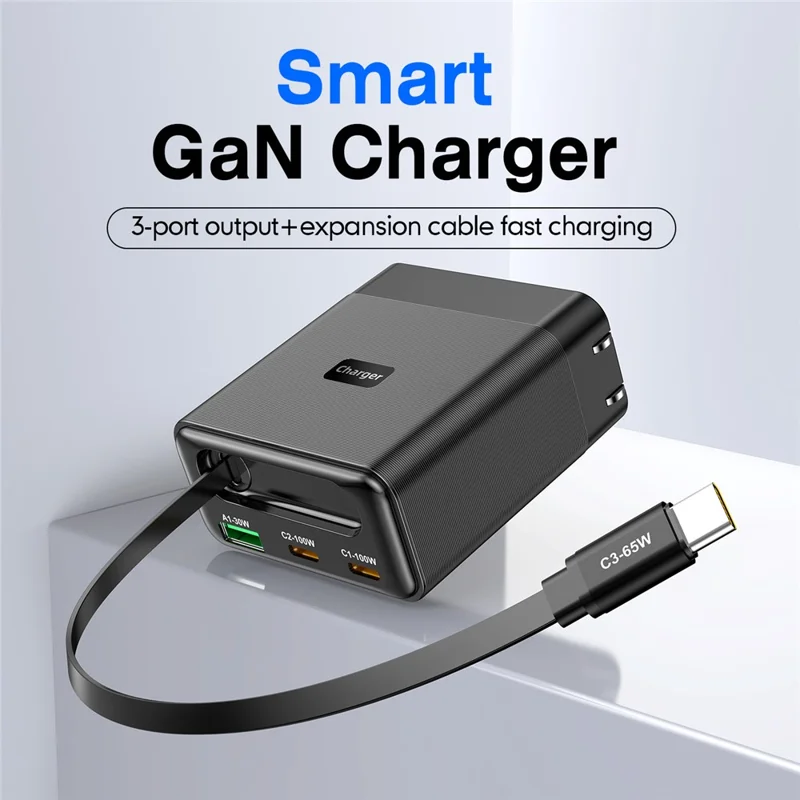 WLX-60B GaN Charger With Retractable Cable 65W PD Fast Charging Station for Tablets  /  Phones Desktop Use - US Plug