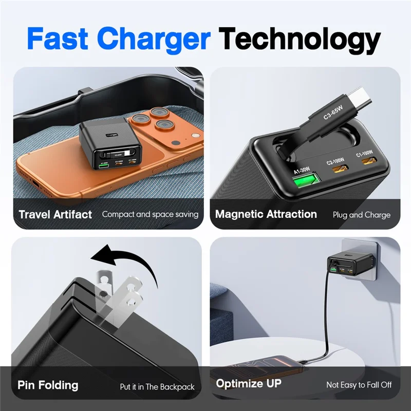 WLX-60B GaN Charger With Retractable Cable 65W PD Fast Charging Station for Tablets  /  Phones Desktop Use - US Plug