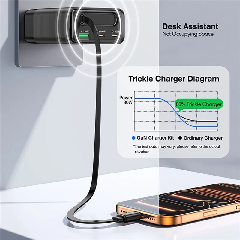 WLX-60B GaN Charger With Retractable Cable 65W PD Fast Charging Station for Tablets  /  Phones Desktop Use - US Plug