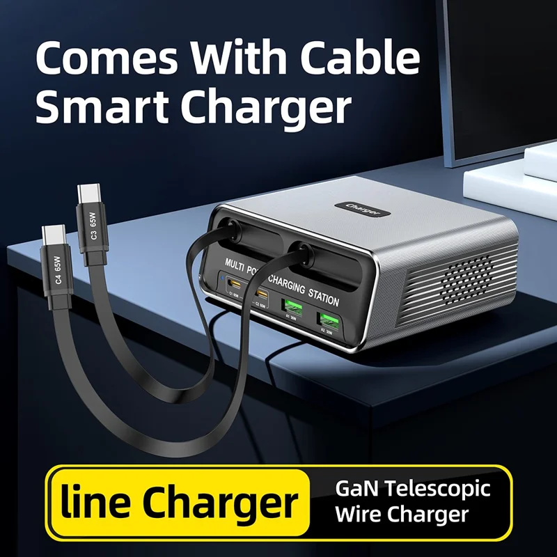 WLX-60C Multi Port GaN Desktop Charging Station with 2 USB-C Retractable Cables PD 65W Fast Charger for Tablets / Phones / Laptops - EU Plug