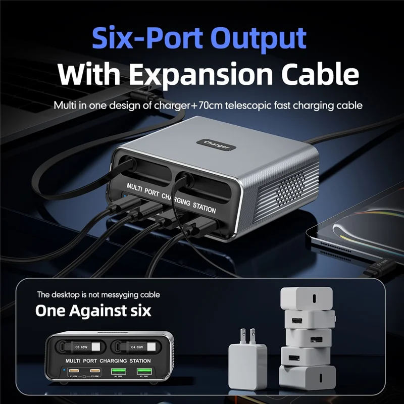 WLX-60C Multi Port GaN Desktop Charging Station with 2 USB-C Retractable Cables PD 65W Fast Charger for Tablets / Phones / Laptops - EU Plug