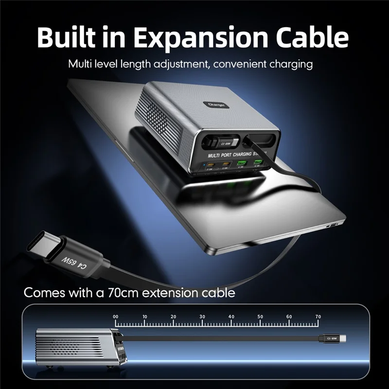 WLX-60C Multi Port GaN Desktop Charging Station with 2 USB-C Retractable Cables PD 65W Fast Charger for Tablets / Phones / Laptops - EU Plug