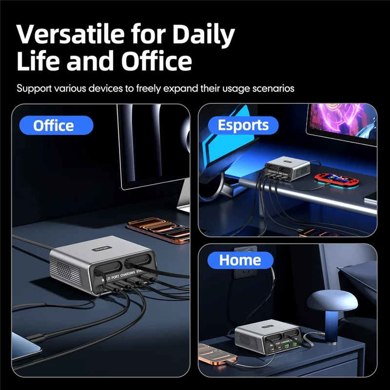 WLX-60C Multi Port GaN Desktop Charging Station with 2 USB-C Retractable Cables PD 65W Fast Charger for Tablets / Phones / Laptops - EU Plug