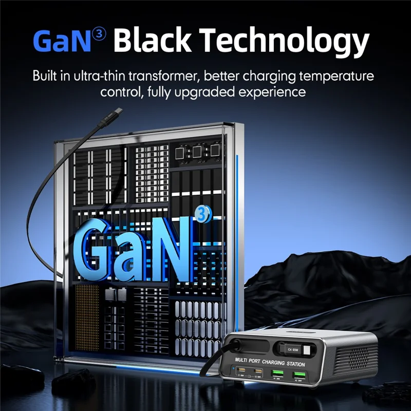 WLX-60C Multi Port GaN Desktop Charging Station with 2 USB-C Retractable Cables PD 65W Fast Charger for Tablets / Phones / Laptops - EU Plug