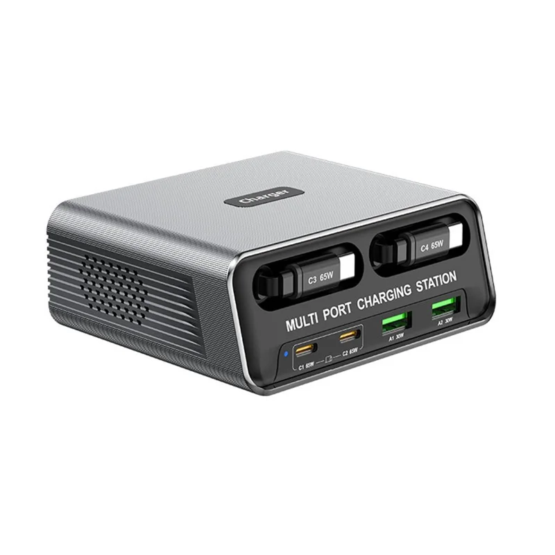 WLX-60C Multi Port GaN Desktop Charging Station with 2 USB-C Retractable Cables PD 65W Fast Charger for Tablets / Phones / Laptops - EU Plug