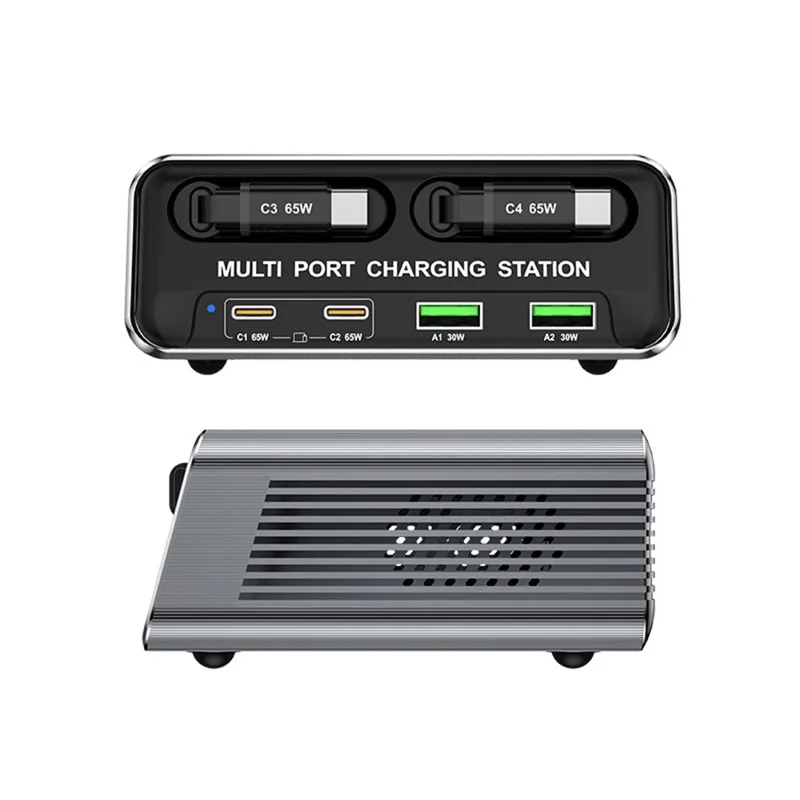 WLX-60C Multi Port GaN Desktop Charging Station with 2 USB-C Retractable Cables PD 65W Fast Charger for Tablets / Phones / Laptops - EU Plug