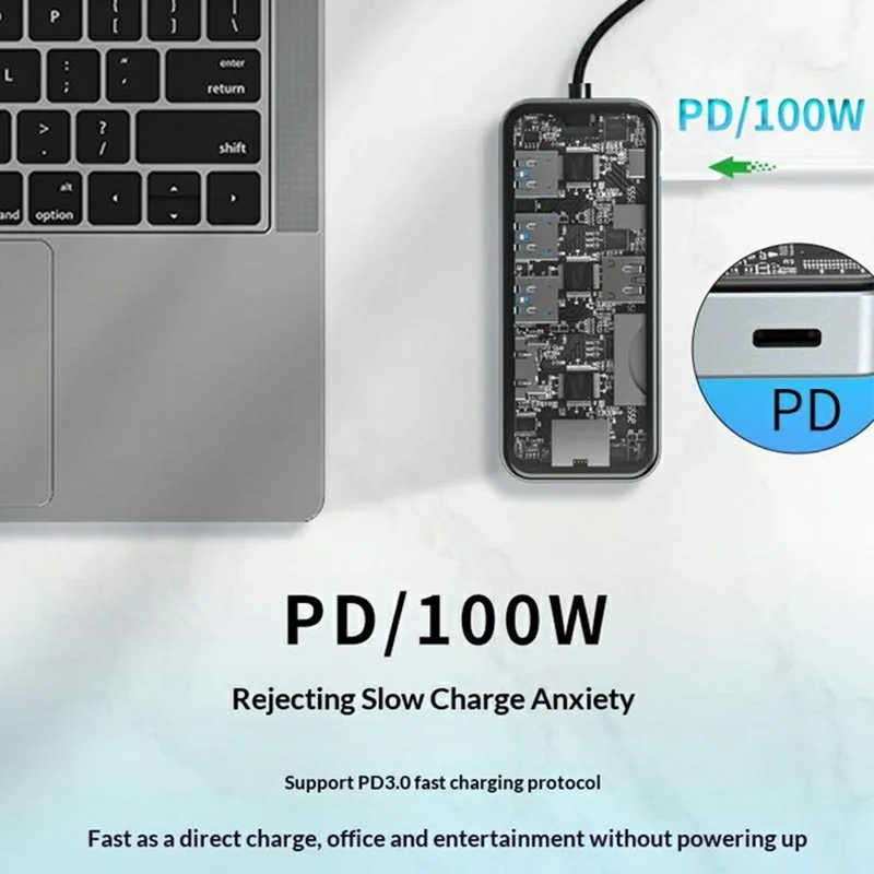 HC-87 10 in 1 USB C-Hub Dockingstation Gigabit-Ethernet 4K HD PD 100W Ladeadapter mit mehreren Anschlüssen – Transparent