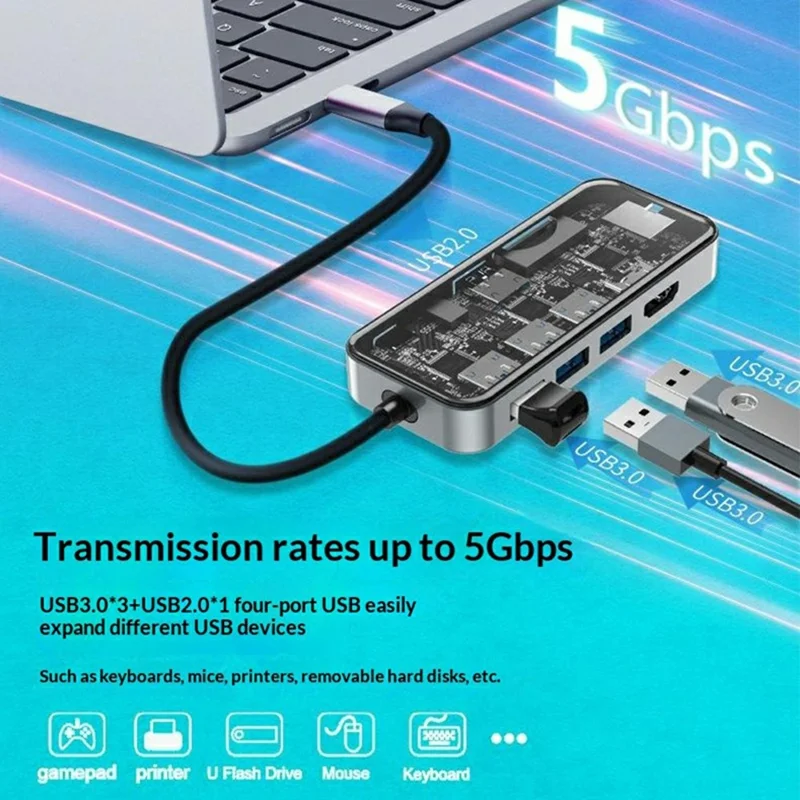 HC-87 10 in 1 USB C-Hub Dockingstation Gigabit-Ethernet 4K HD PD 100W Ladeadapter mit mehreren Anschlüssen – Transparent