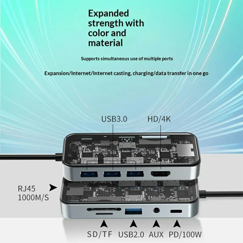 HC-87 10 in 1 USB C-Hub Dockingstation Gigabit-Ethernet 4K HD PD 100W Ladeadapter mit mehreren Anschlüssen – Transparent