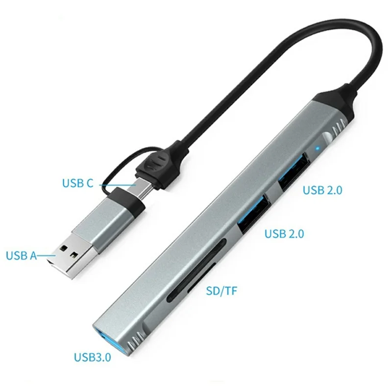 HC-77A 5 in 1 Aluminum Alloy Expansion Hub USB C / USB A to USB 3.0 / 2.0 SD TF Card Reader Docking Station - Grey
