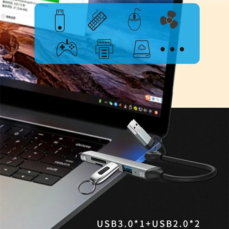 HC-77A 5 in 1 Aluminum Alloy Expansion Hub USB C / USB A to USB 3.0 / 2.0 SD TF Card Reader Docking Station - Grey