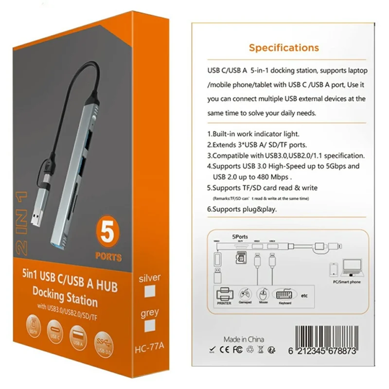 HC-77A 5 in 1 Aluminum Alloy Expansion Hub USB C / USB A to USB 3.0 / 2.0 SD TF Card Reader Docking Station - Grey