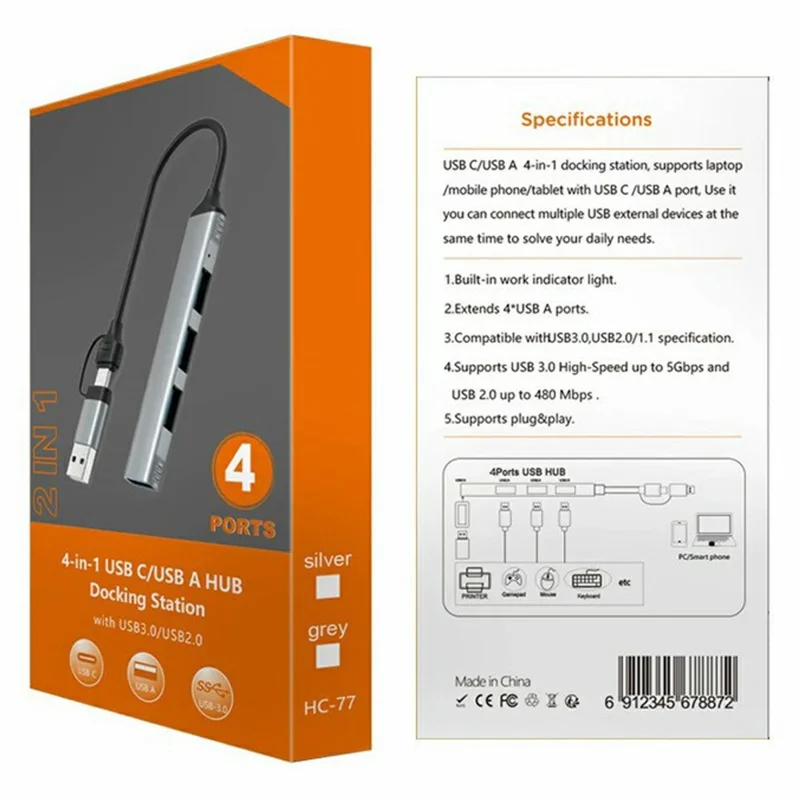 HC-77 USB C / USB A Hub USB 3.0 + 3 USB 2.0 Docking Station Aluminum Alloy Portable Expander for Laptop Smartphone Tablet - Grey