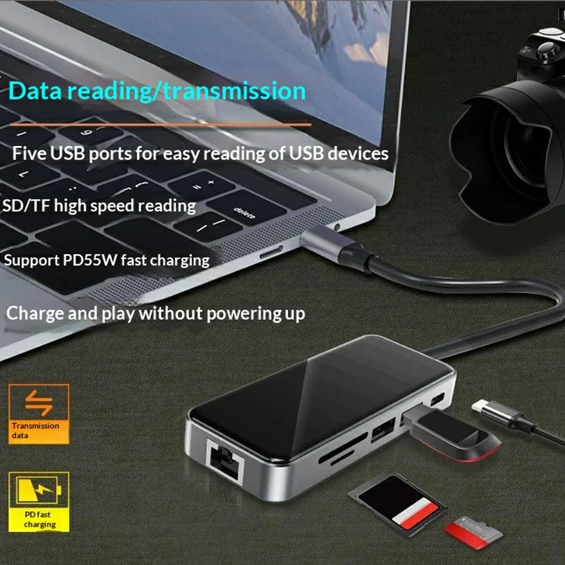 HC-76 10 in 1 USB-C-Hub Dockingstation mit 4K HD, RJ45 Ethernet, SD/TF-Kartenleser, Multifunktionsadapter